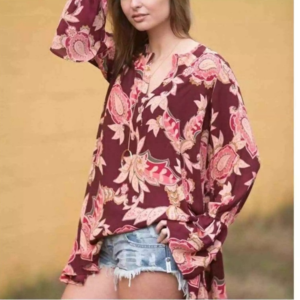 Show Me Your Mumu Perveen Pirate Tunic Paisley Print Blouse Burgundy Oversize S
